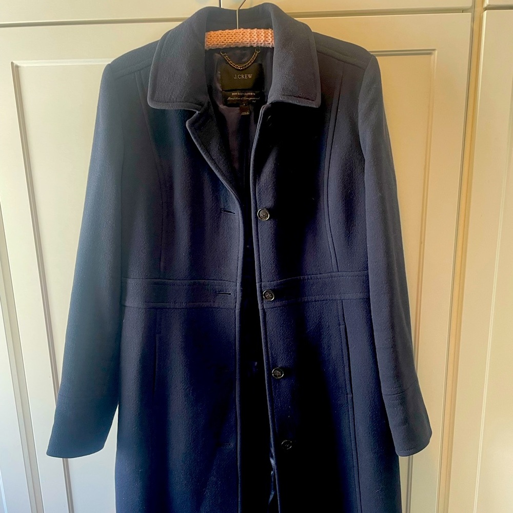 Navy JCrew wool lady coat, lined with Thinsulate for extra warmth.